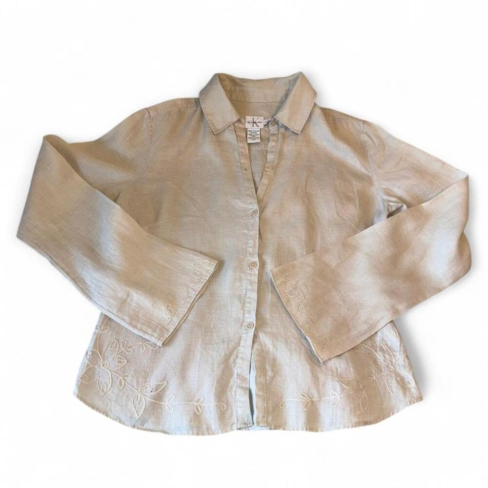 Vtg 90s Calvin Klein 100% Linen Embroidered Button Down Blouse Sm Coastal Boho